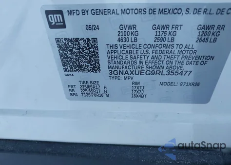 2024 Chevrolet Equinox Awd Lt из США, поврежденный, VIN 3GNAXUEG9RL355477
